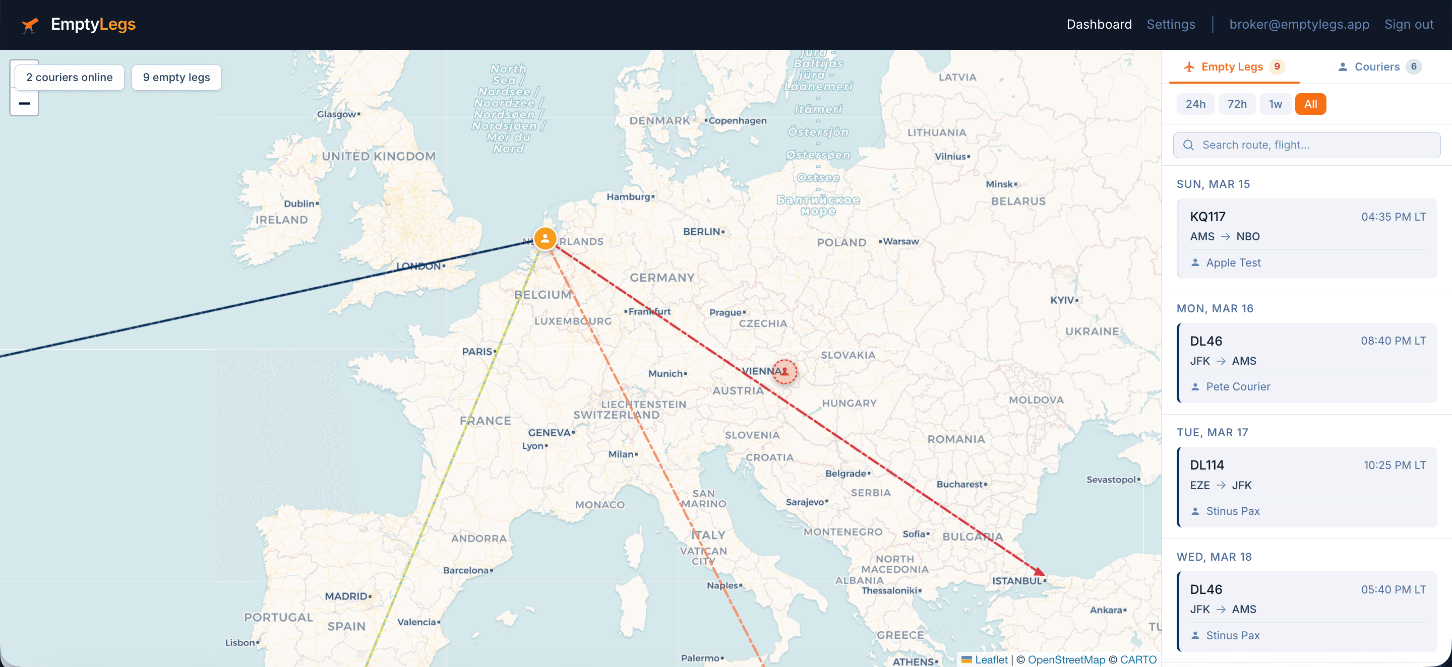 Empty Legs broker dashboard showing courier locations and flight routes on an interactive map